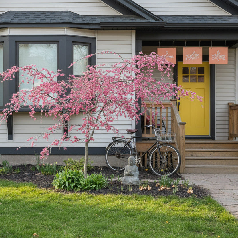 Cascade Weeping Peach - Crimson Cascade in front of a house.