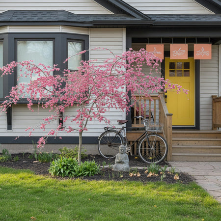 Cascade Weeping Peach - Crimson Cascade in front of a house.