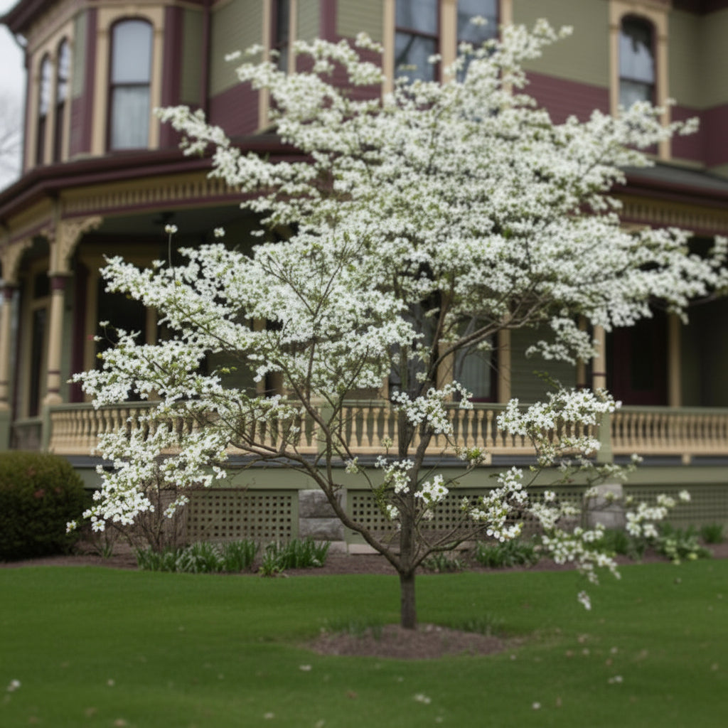Flowering Appalachian Spring Dogwood in front of a home 