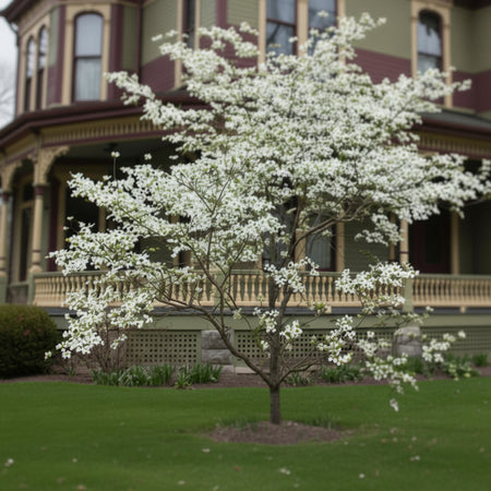 Flowering Appalachian Spring Dogwood in front of a home 