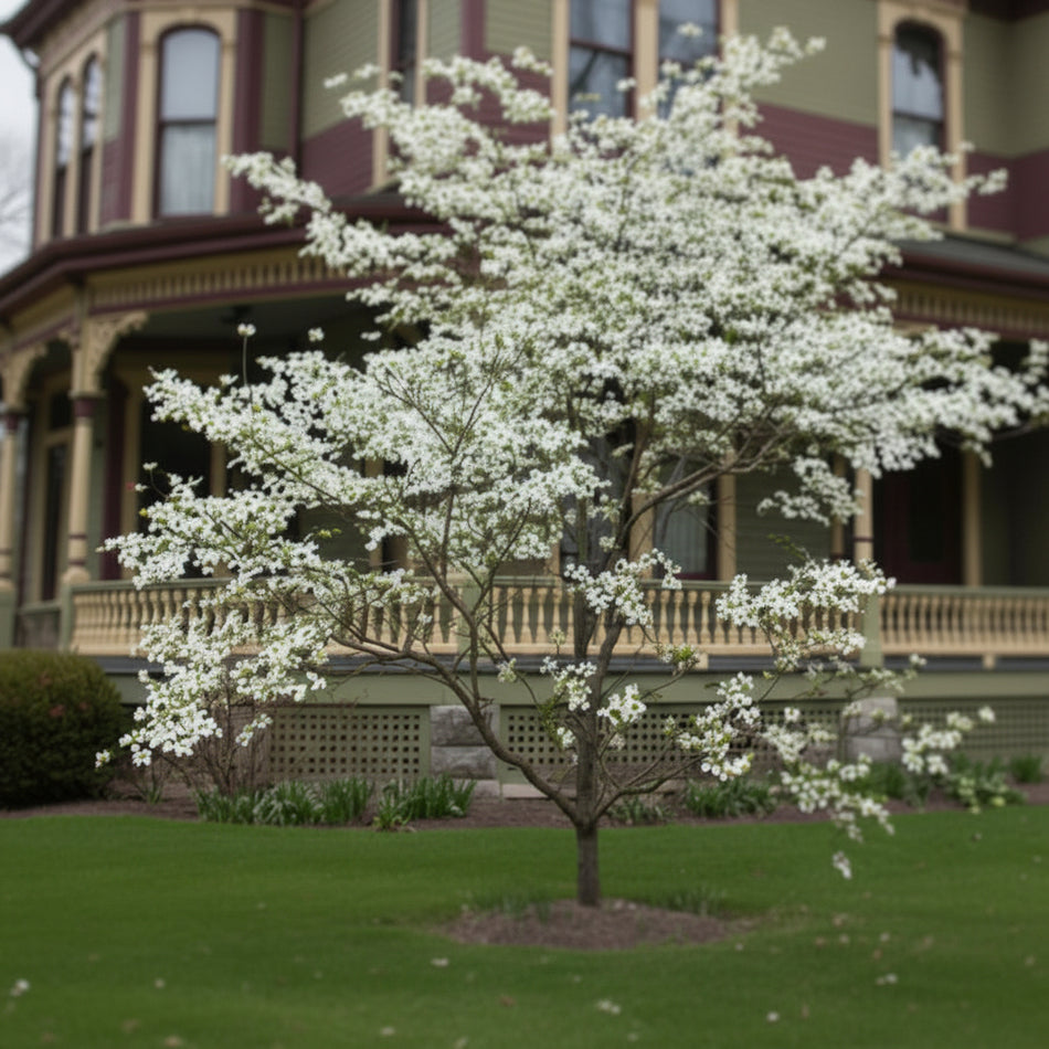 Flowering Appalachian Spring Dogwood in front of a home 