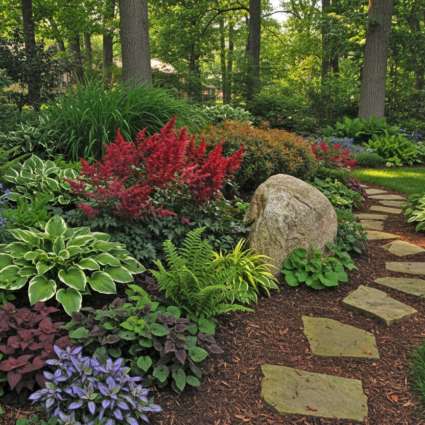 Astilbe Fanal in a backyard shaded garden