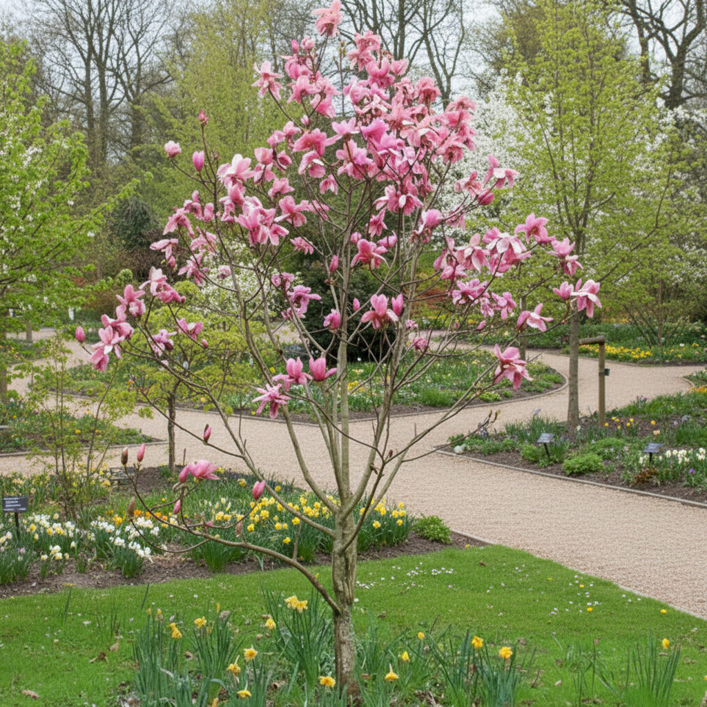 Pink flowering tree in a garden with white flowering trees in the background