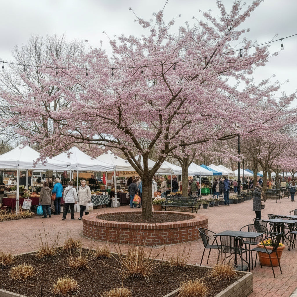 Blossoming tree in a garden with a bench and rocks on a clear day - Prunus Mume Bonita