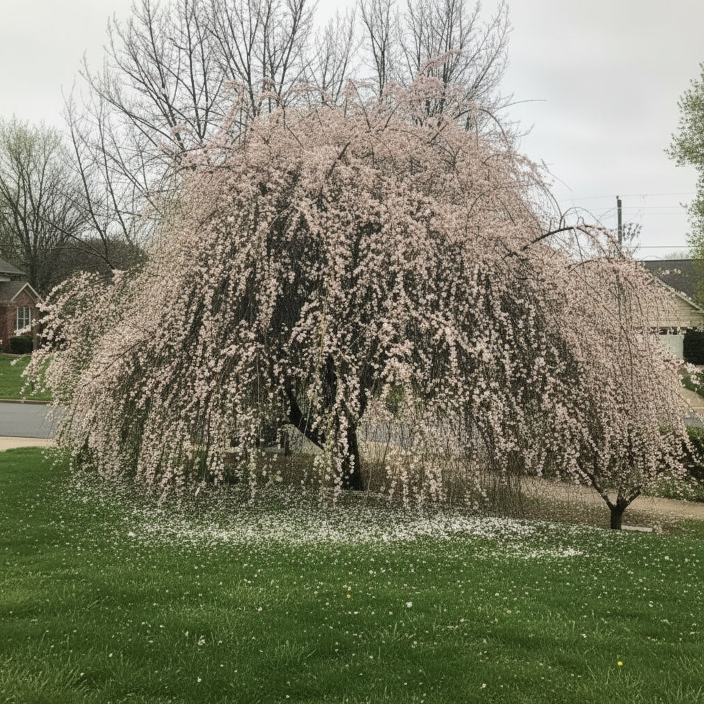 Tree with bloom covered branches against a gray sky - Prunus Mume - Bridal Viel