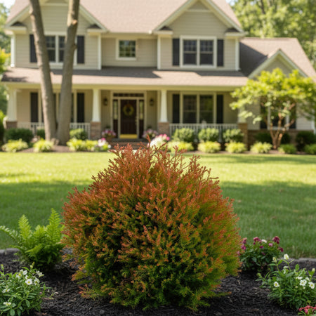 Fire Chief Arborvitae in a front yard landscape