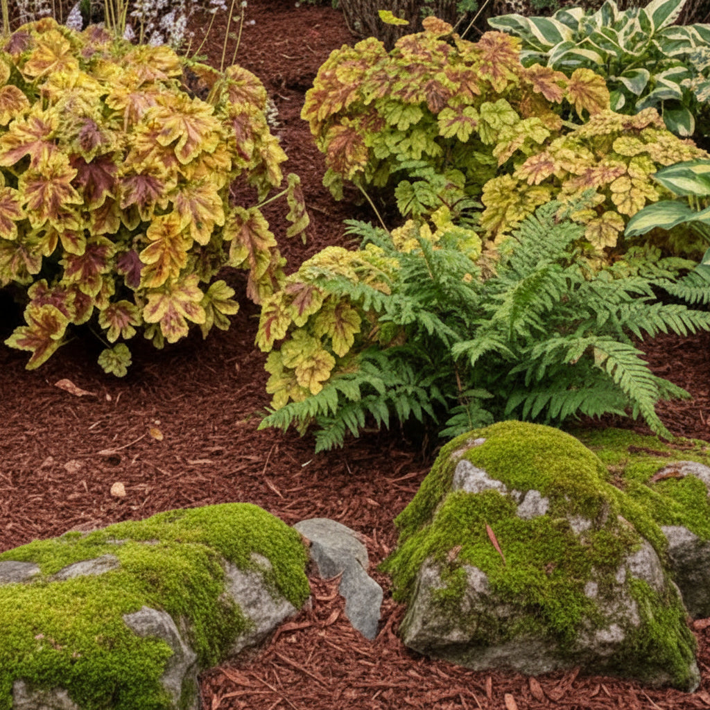 A variegated Heuchera plant with scalloped leaves in yellow, green, and reddish-brown