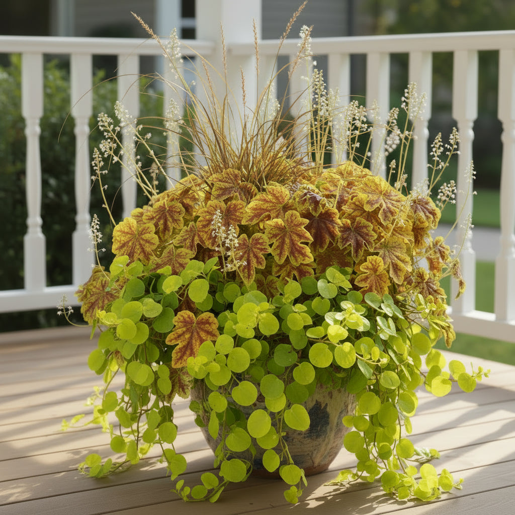 Gold Zebra in a container with other plants on a front porch