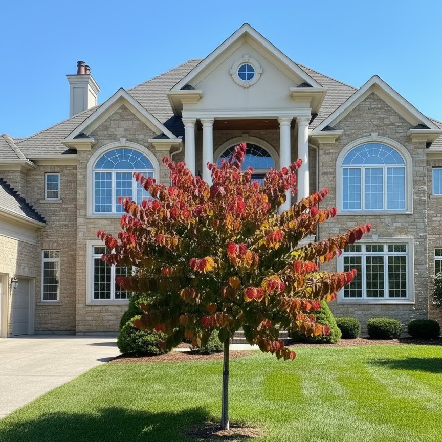 Large house with a colorful tree in front Hearts A'Fire Redbud