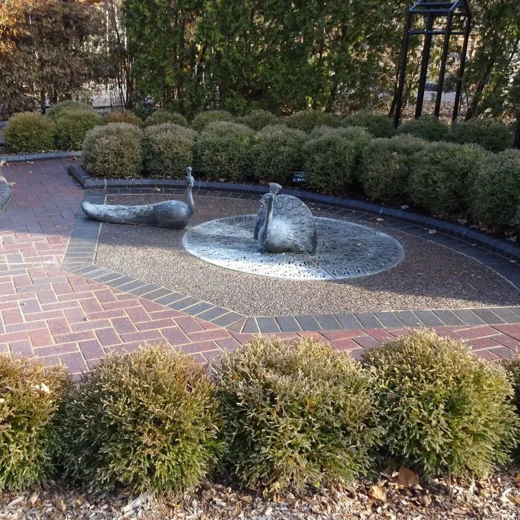 Paved garden area with decorative stones and shrubs