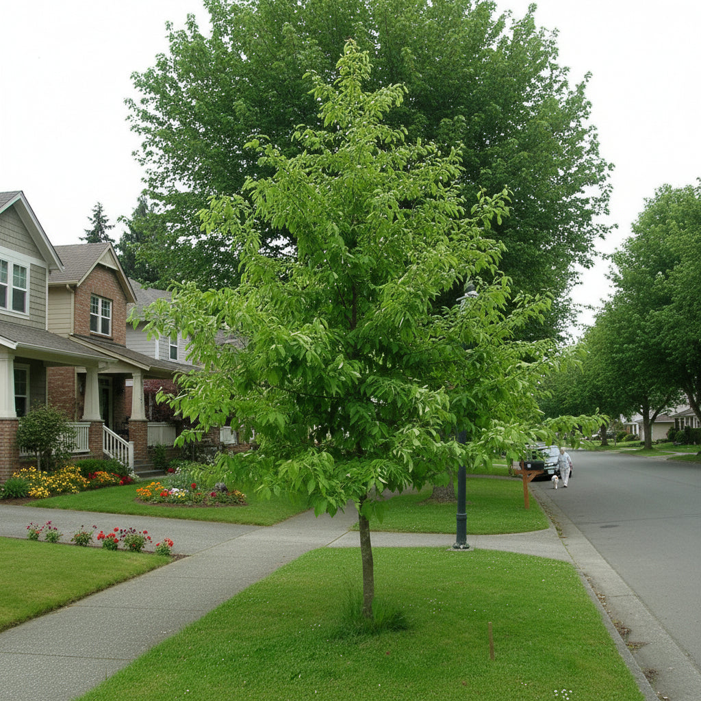 Tree on a grassy area near a road with a clear sky