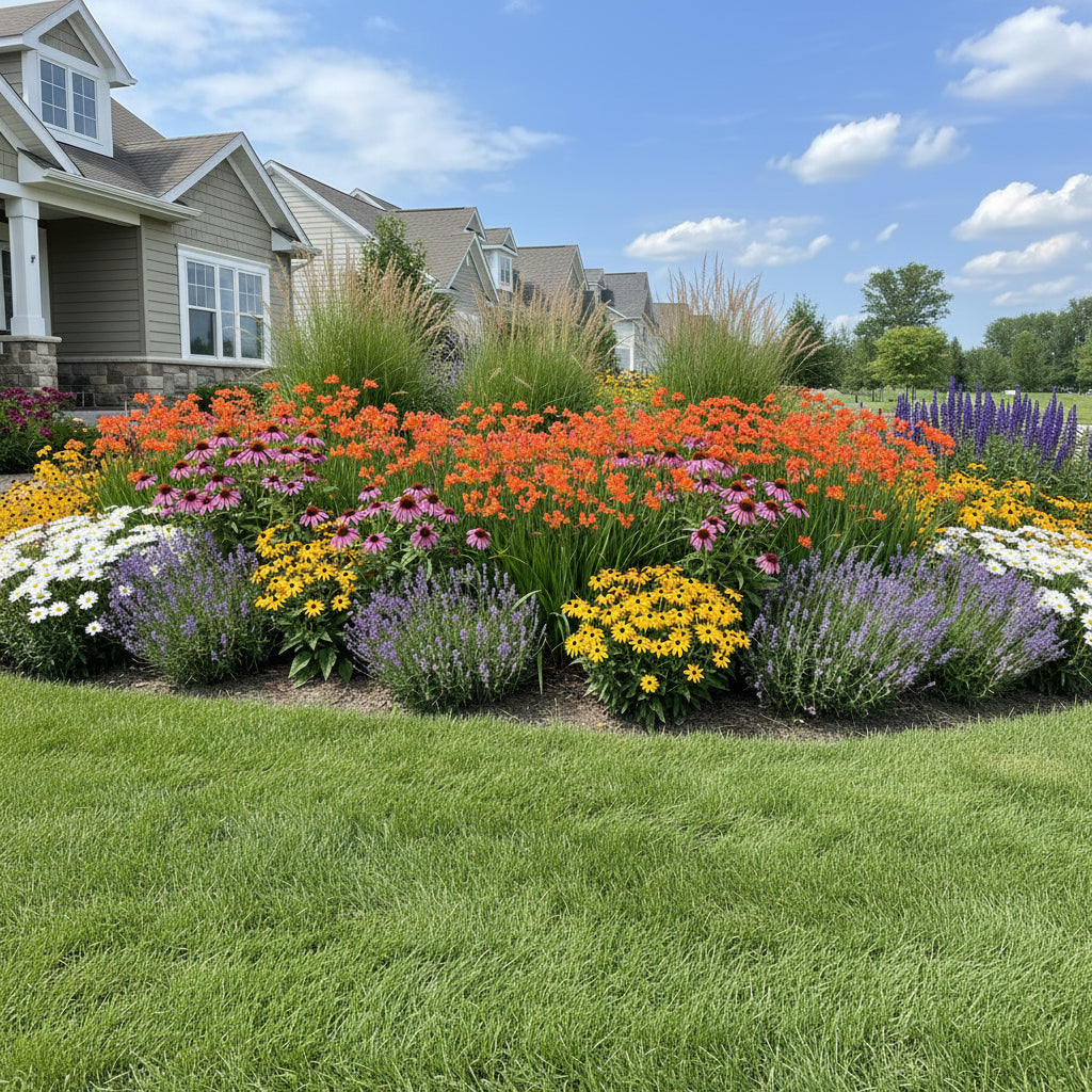 Crocosmia Peach Melba used in a front yard garden landscape. 