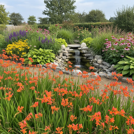 Cocosmia Peach Melba in a garden with other perennials and a waterfall 