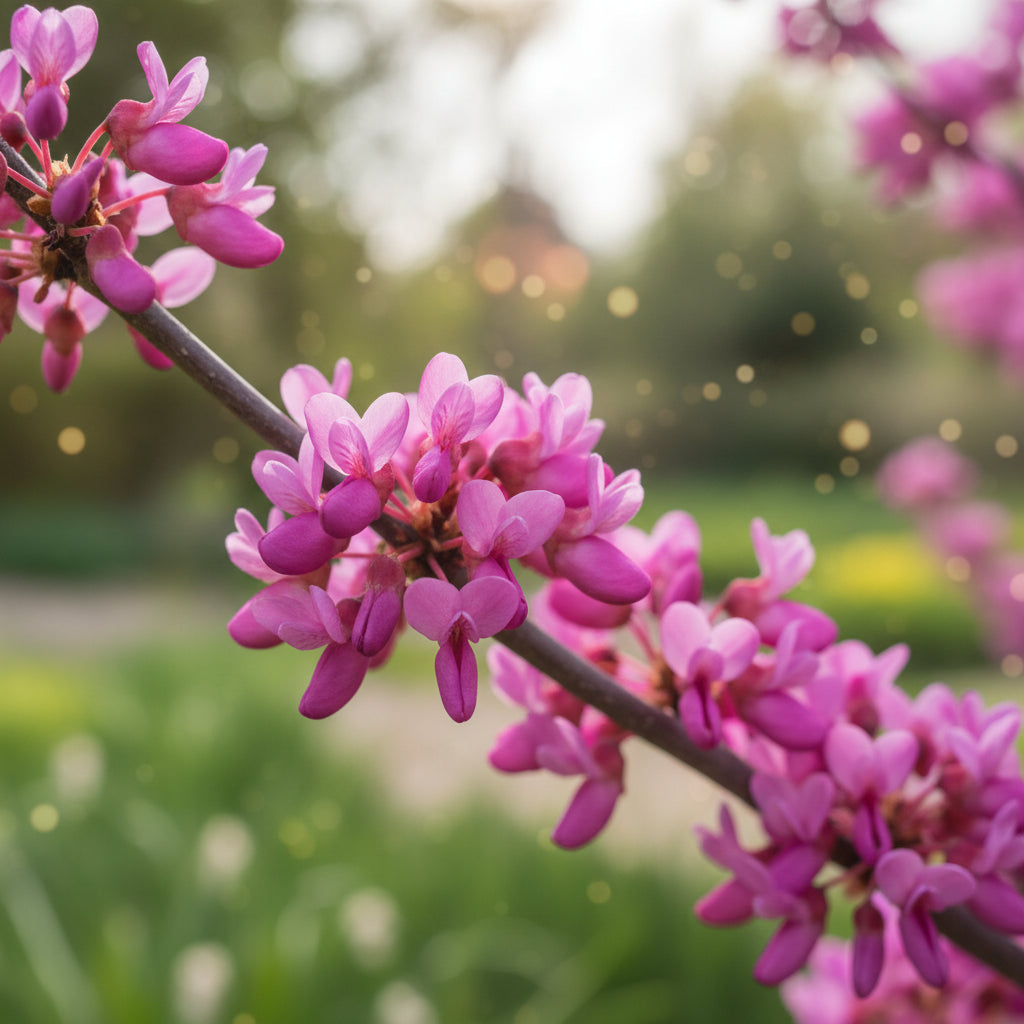 Close-up of pink flowers on a branch with a blurred background