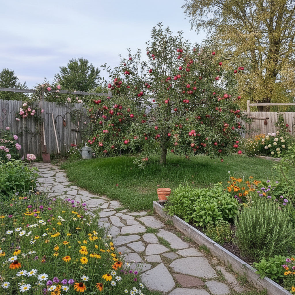 Picture of a pink lady apple tree in a backyard garden. 