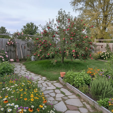 Picture of a pink lady apple tree in a backyard garden. 