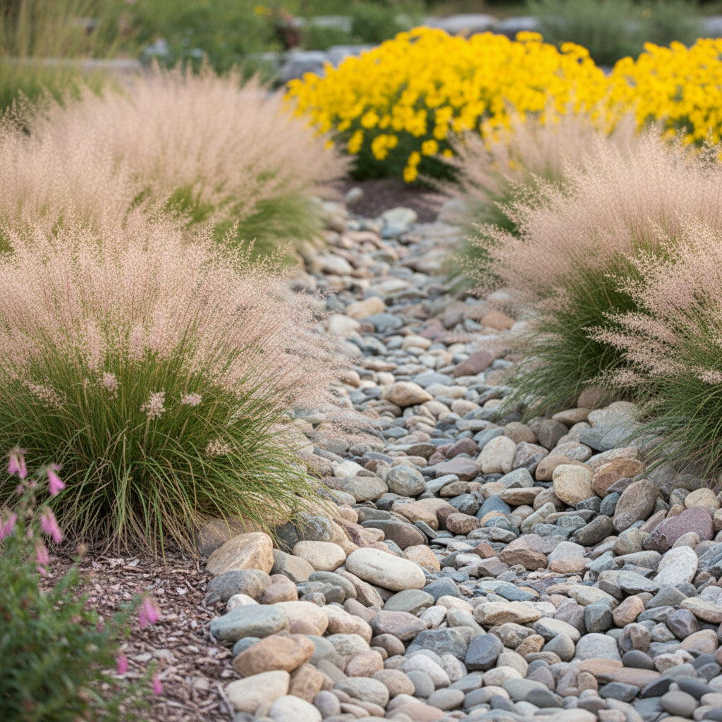 Prairie Dropseed grass in a dry creek bed landscaping feature
