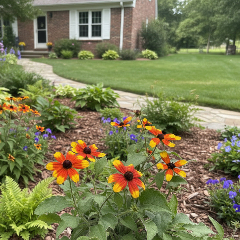 Brown Eyed Susan 'Prairie Glow' in a front yard garden