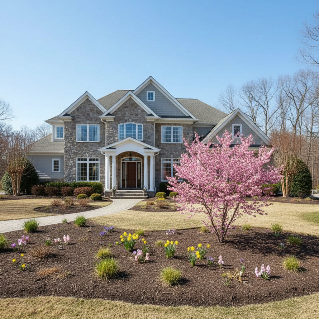 Home garden with a Prunus Mume Bonita Blooming in the front.
