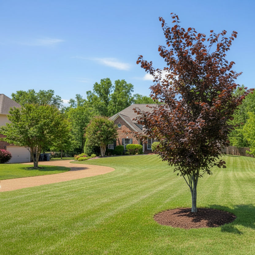 Purple Vase Redbud in a suburban yard.