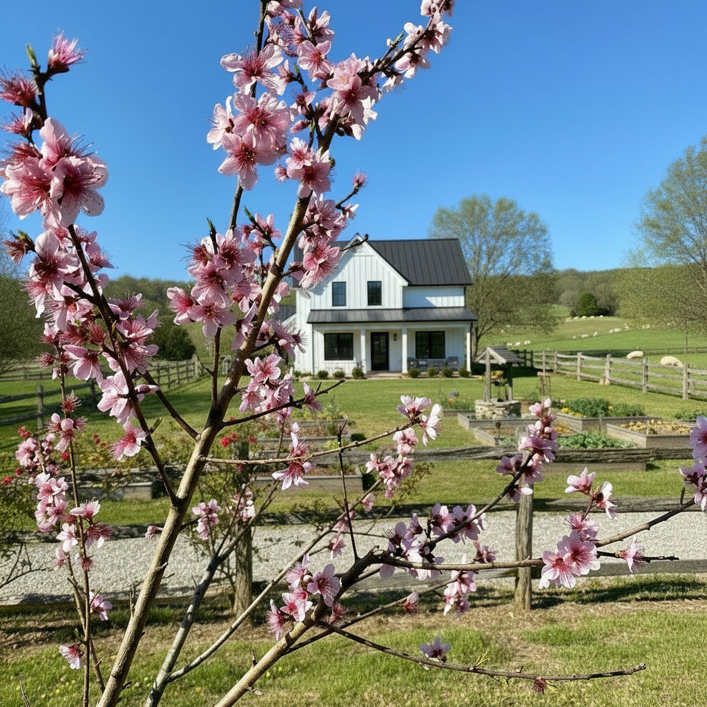 Closeup of Reliance Peach tree blooms