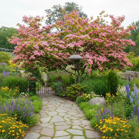 Rosy Teacups dogwood in a garden.