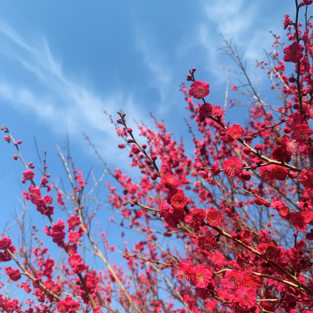 Red flowers on a tree branch against a blue sky. Prunus Mume Matsubara Red