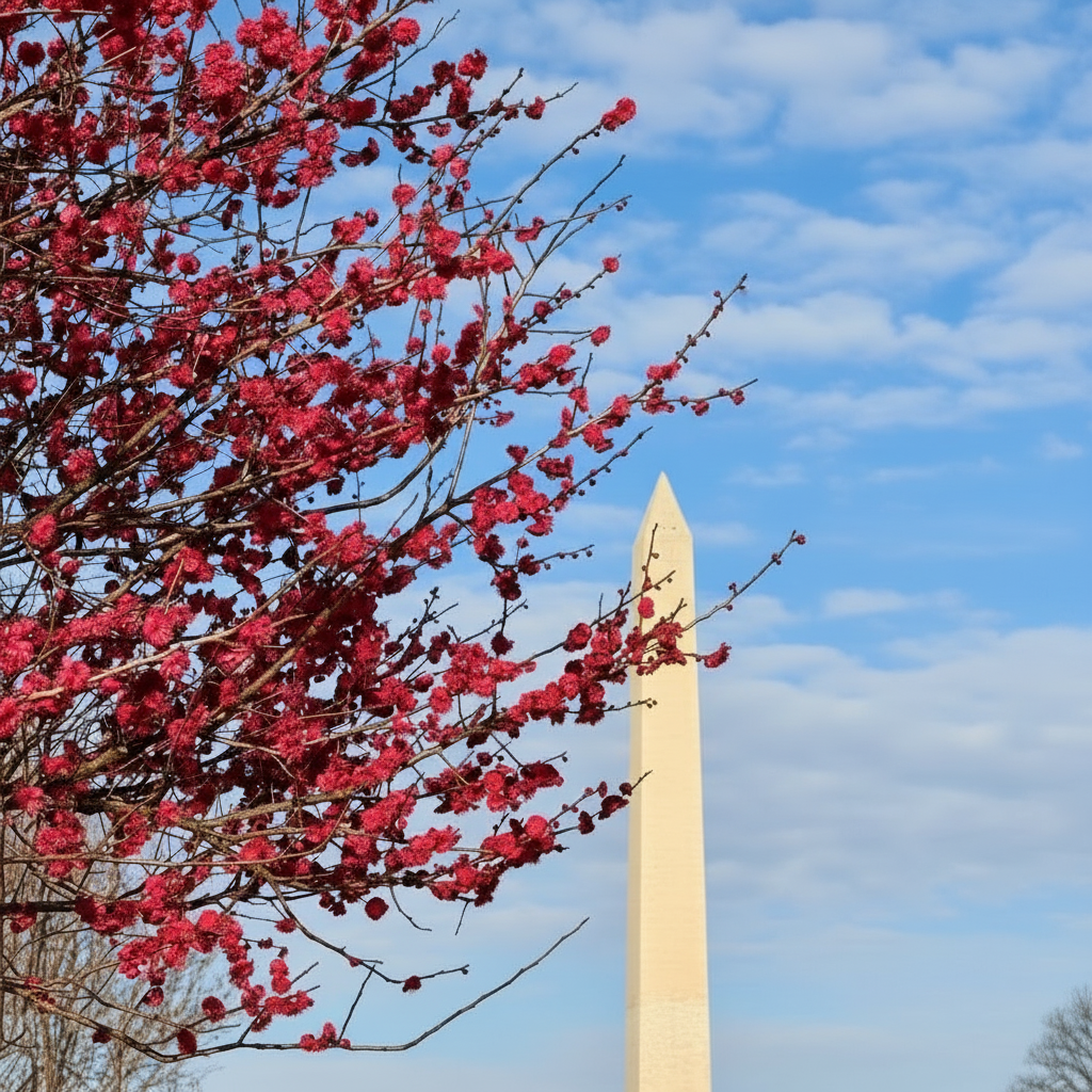 Red flowering tree with the Washington monument in the background.