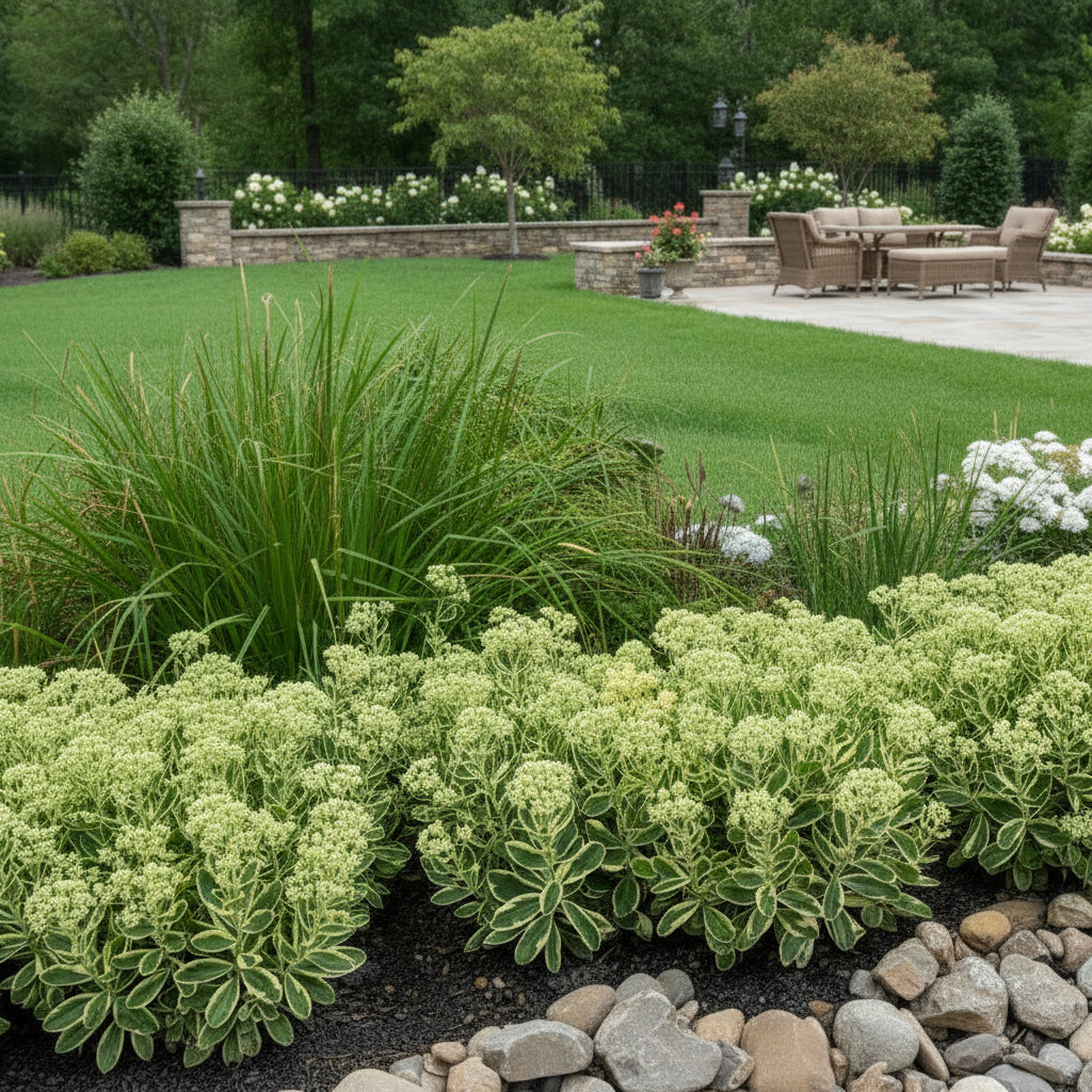 Sedum Frosted Fire in a dry creek landscape design