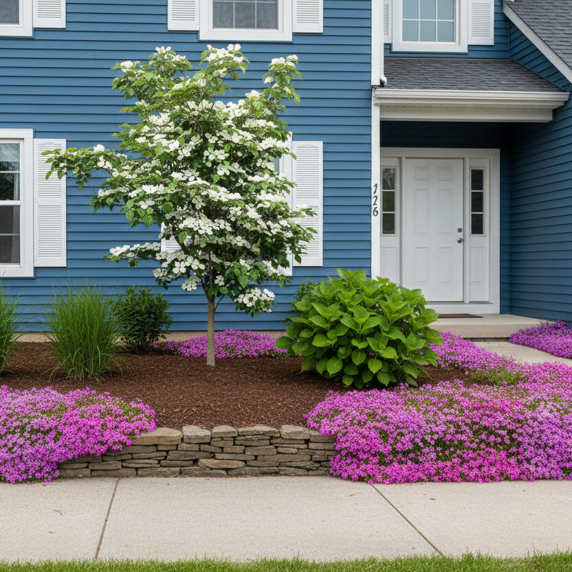 Venus Kousa Dogwood in front of a house.