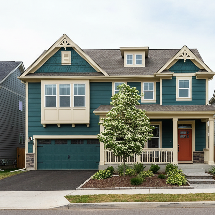 Venus kousa dogwood in bloom in front of a house.
