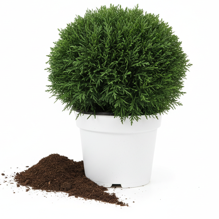 A mr. bowling ball arborviate in a 3 gallon white pot in front of a white background with a little top soil stylishly spilled by the pot