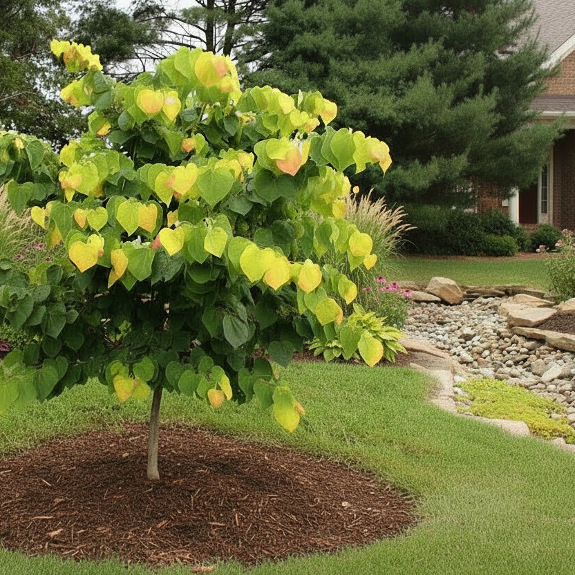 Picture of a rising sun redbud in a front yard landscape